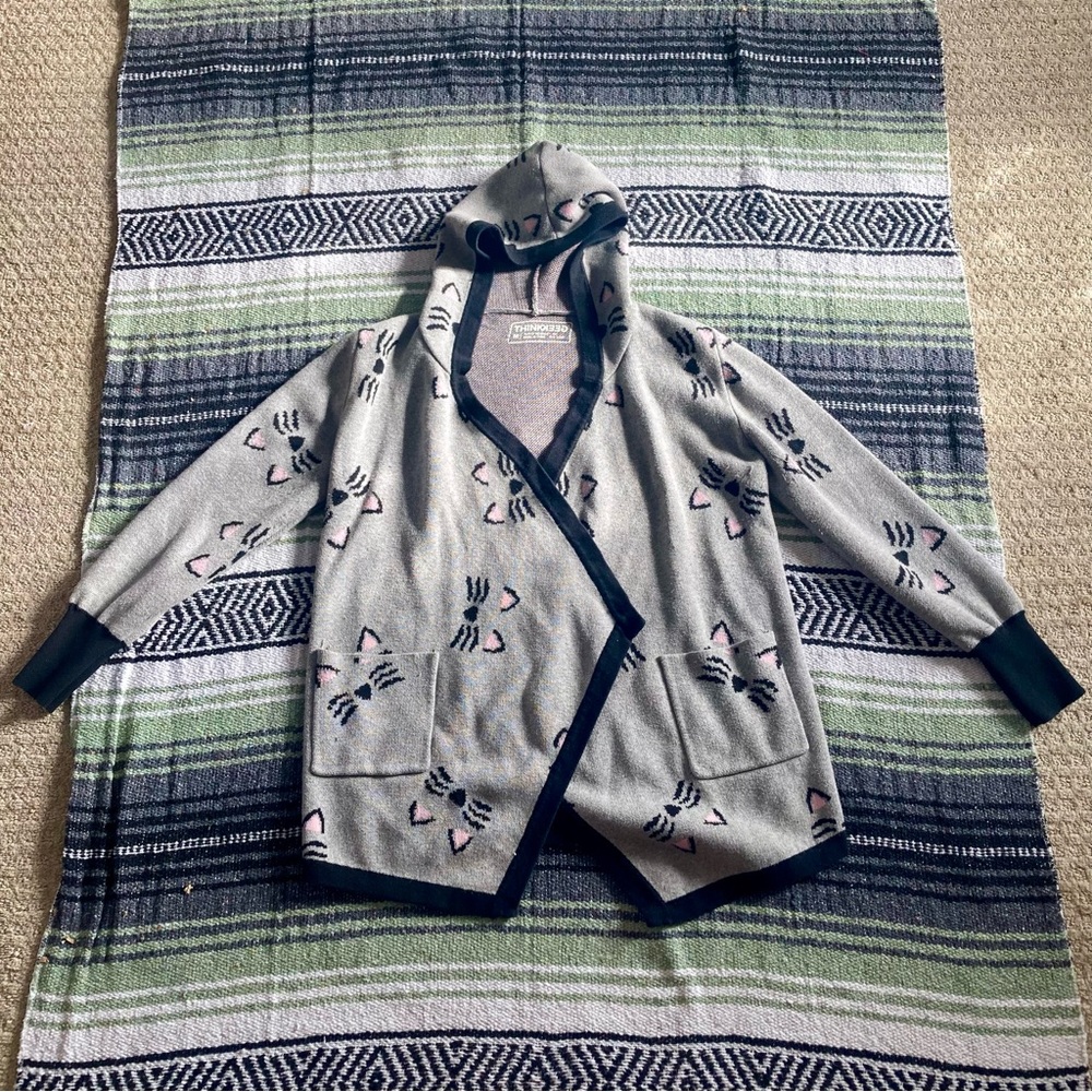 Thinkgeek Gray Cat Open Front Hooded Cardigan Swe… - image 2
